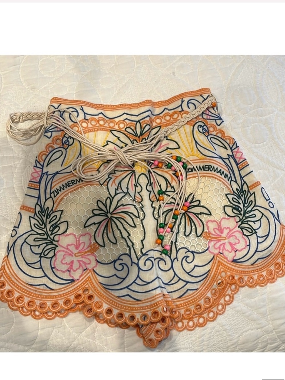 Zimmermann Cream Linen Skirt with Peach Trim